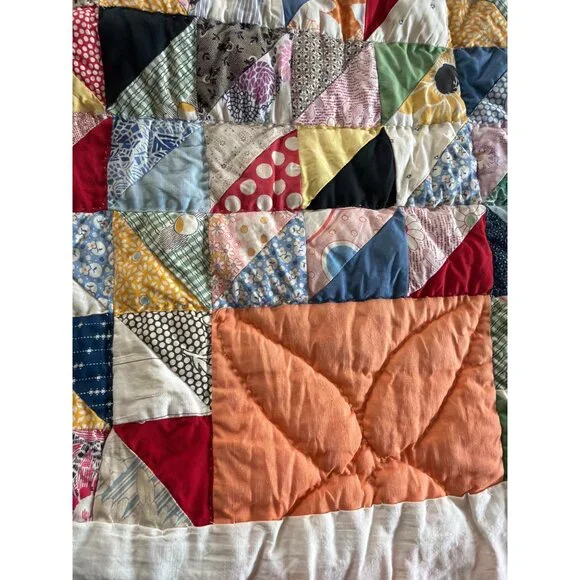 Vintage Handmade Patchwork Quilt 80x62 Multicolor Scrap Quilt Yellow Back - Picture 10 of 16